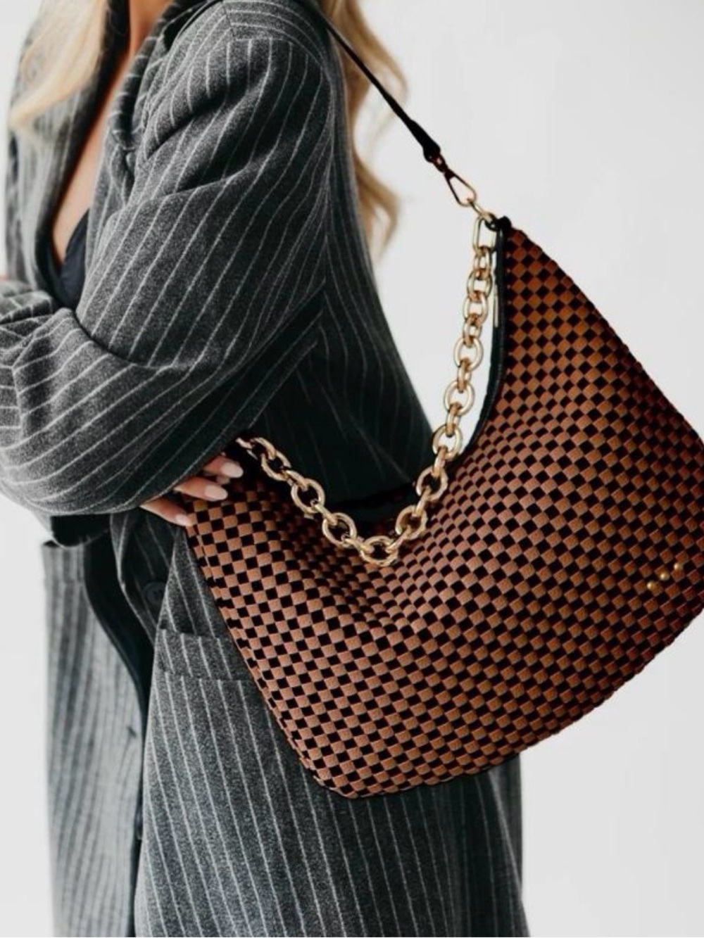 Pretty Simple Sienna Slouchy Vegan Leather Bag Woven Checkered Coffee